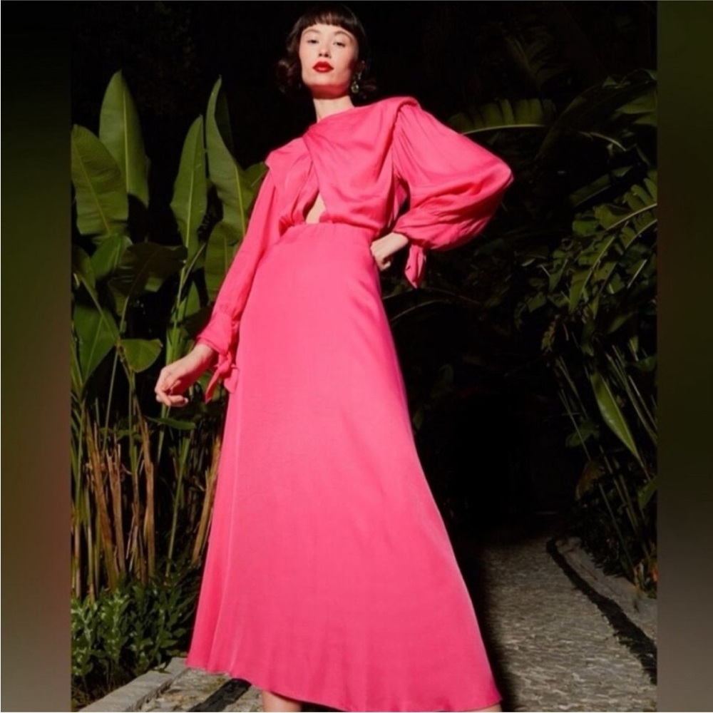 NEW! Farm Rio x Anthropologie Maxi/Midi Pink/ Long-Sleeve Cutout/Keyhole Satin - Picture 6 of 15